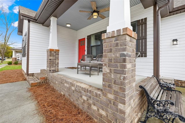 view of patio / terrace featuring ceiling fan and a porch