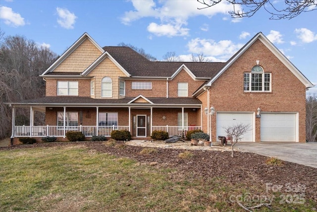 view of front of house featuring a garage, covered porch, and a front lawn