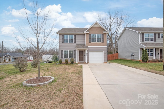 traditional-style home with an attached garage, concrete driveway, and a front lawn