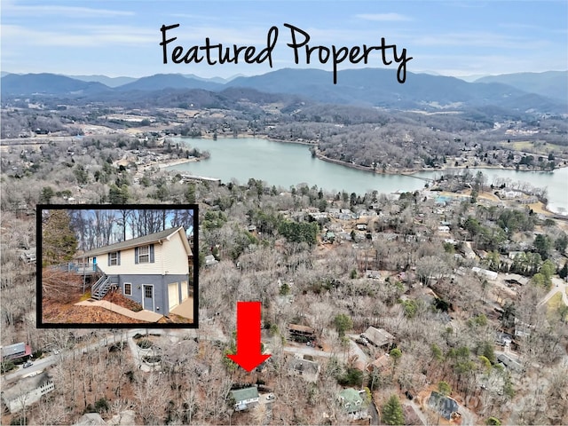 bird's eye view featuring a water and mountain view