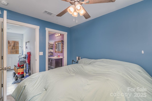 bedroom with visible vents and a ceiling fan