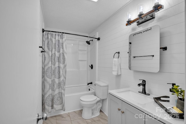 full bathroom with shower / tub combo with curtain, toilet, wood walls, a textured ceiling, and vanity