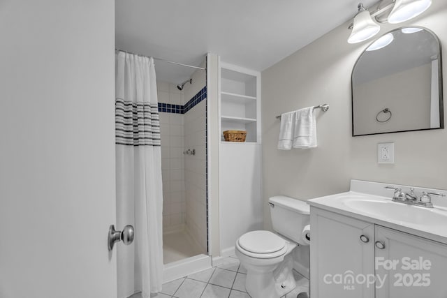 bathroom featuring walk in shower, vanity, toilet, and tile patterned flooring