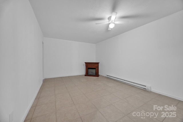 unfurnished living room featuring a baseboard heating unit and ceiling fan