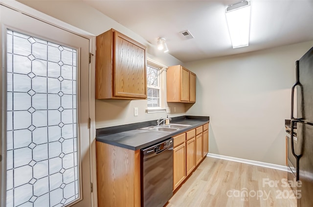 kitchen featuring sink, light wood-type flooring, and black appliances