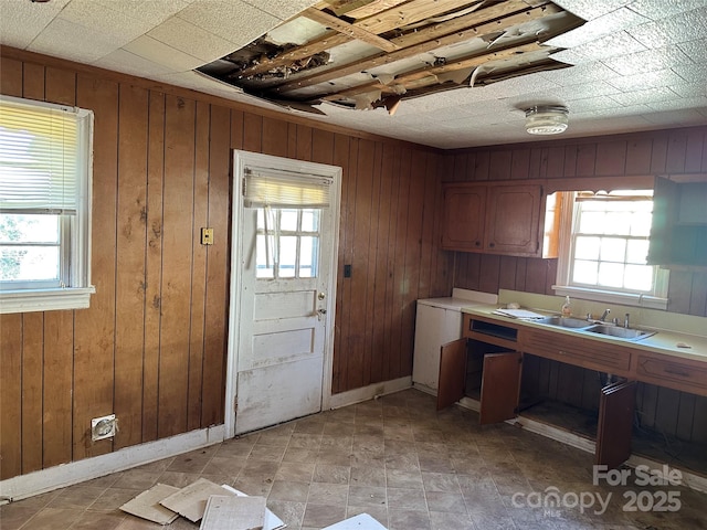 kitchen featuring sink and wood walls