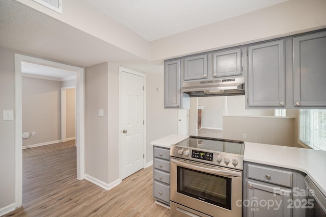 kitchen featuring electric range, gray cabinets, dishwasher, and light wood-type flooring