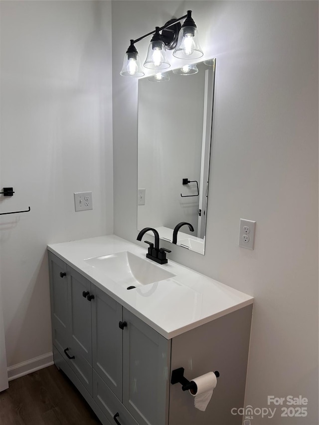 bathroom with vanity and wood-type flooring