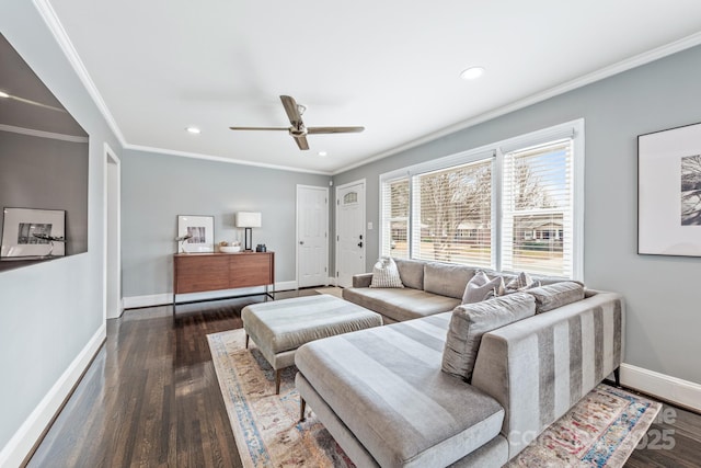 living room featuring crown molding, dark wood-type flooring, and ceiling fan