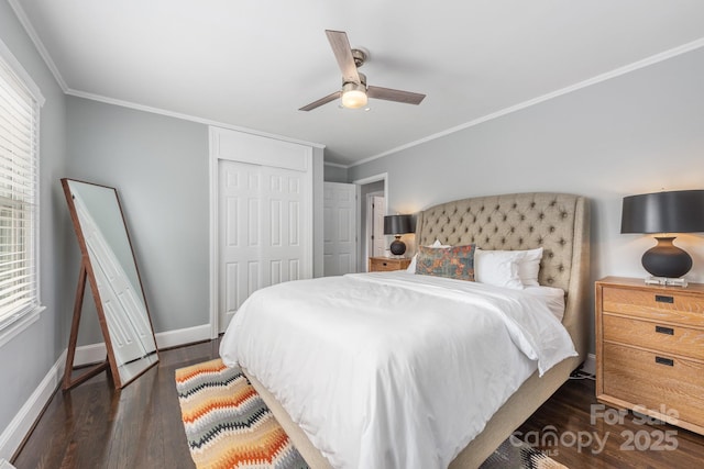 bedroom featuring crown molding, dark hardwood / wood-style floors, and multiple windows