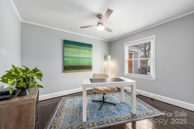 office featuring crown molding, wood-type flooring, and ceiling fan