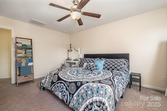 bedroom with ceiling fan, visible vents, light carpet, and baseboards