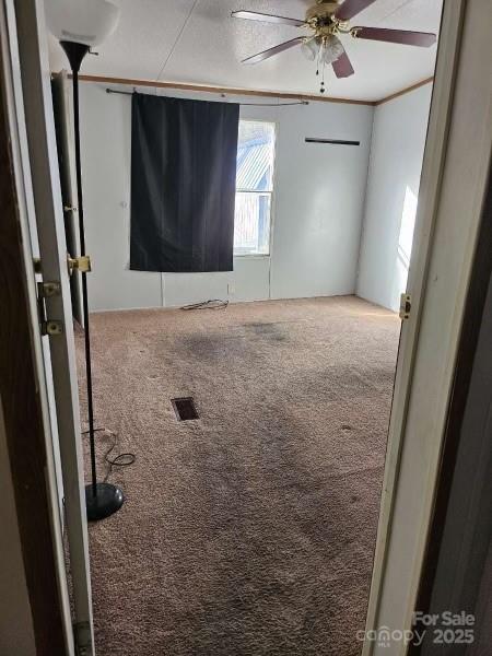 spare room featuring ceiling fan and carpet flooring