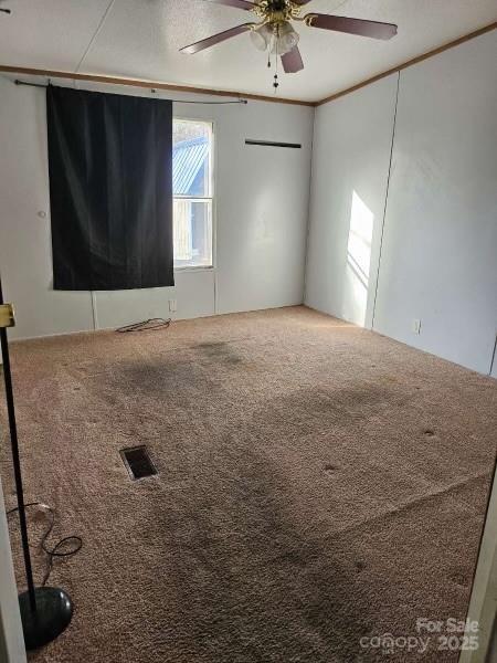 carpeted spare room featuring ceiling fan and ornamental molding