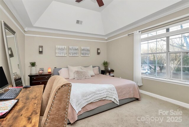 bedroom with carpet, crown molding, visible vents, ceiling fan, and baseboards