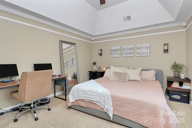 bedroom with ornamental molding, light colored carpet, visible vents, and baseboards