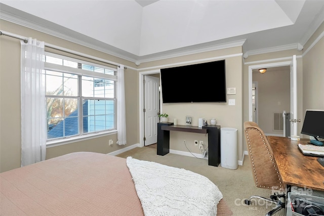 bedroom with lofted ceiling, light colored carpet, visible vents, baseboards, and ornamental molding