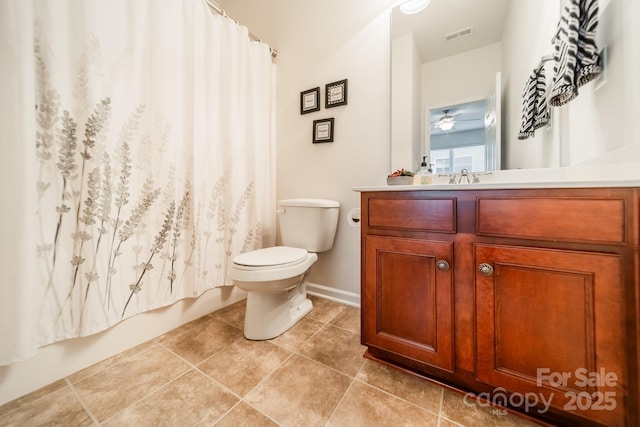 full bath featuring toilet, shower / tub combo, vanity, visible vents, and tile patterned floors