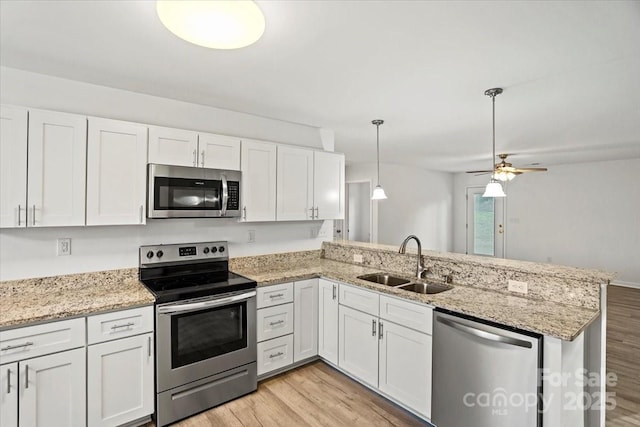 kitchen featuring stainless steel appliances, kitchen peninsula, sink, and white cabinets