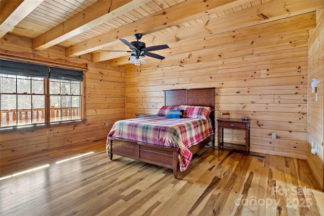 bedroom with light wood-type flooring, wood walls, wooden ceiling, and beamed ceiling