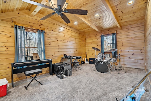 rec room with recessed lighting, lofted ceiling with beams, carpet flooring, wooden walls, and wooden ceiling