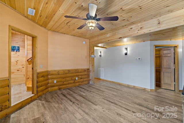 spare room featuring wooden ceiling, visible vents, ceiling fan, and wood finished floors