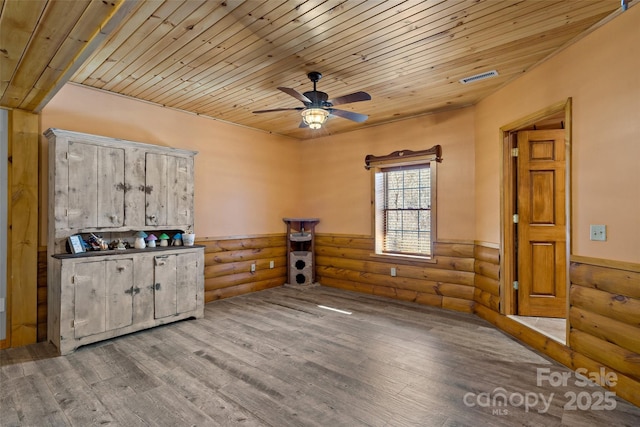 bar with wood ceiling, visible vents, light wood finished floors, and rustic walls