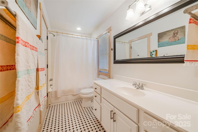 14 Drake St, Asheville, NC 28806 - bathroom featuring vanity, toilet, recessed lighting, tile patterned floors, and shower / tub combo