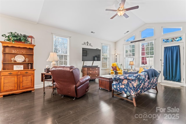 living room with lofted ceiling, dark hardwood / wood-style floors, and a wealth of natural light