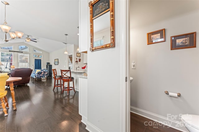 hallway featuring dark hardwood / wood-style flooring and lofted ceiling