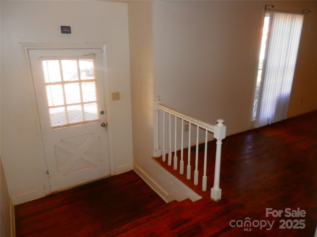 doorway featuring stairway and dark wood finished floors