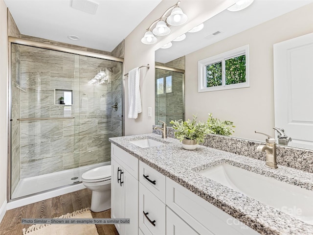 bathroom featuring a sink, toilet, and a shower stall