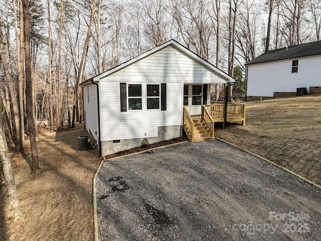 view of front facade featuring cooling unit and crawl space