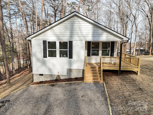 view of front of property featuring crawl space and a wooden deck