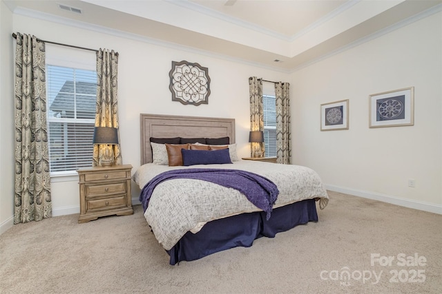 bedroom with light carpet, multiple windows, ornamental molding, and a raised ceiling