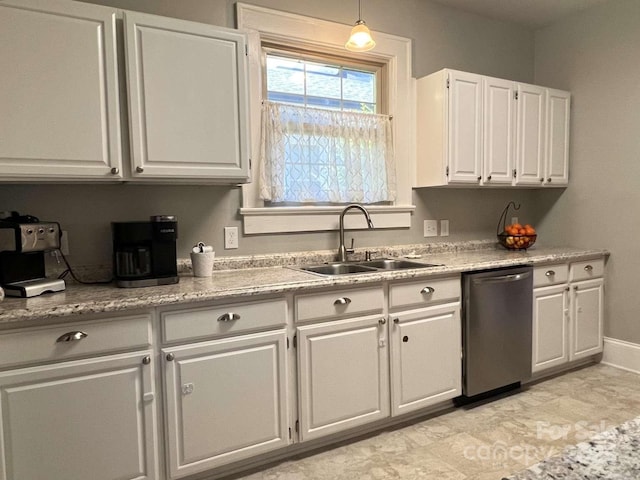 kitchen with white cabinetry, stainless steel dishwasher, sink, and pendant lighting