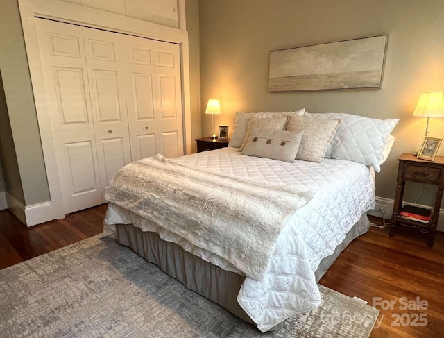 bedroom featuring dark hardwood / wood-style floors and a closet