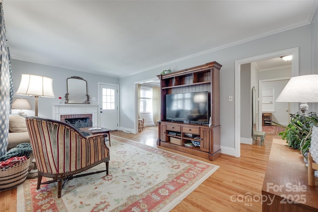 968 Waverly Ave, Rock Hill, SC 29730 - living area featuring a brick fireplace, light wood finished floors, baseboards, and ornamental molding