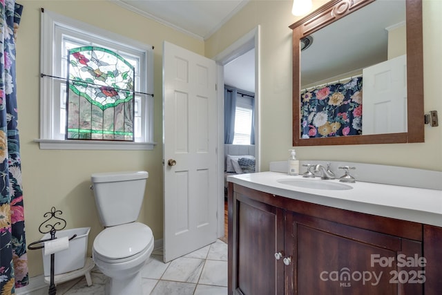 968 Waverly Ave, Rock Hill, SC 29730 - full bathroom with marble look tiles, crown molding, vanity, and toilet