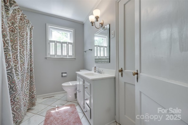 968 Waverly Ave, Rock Hill, SC 29730 - bathroom featuring ornamental molding, vanity, toilet, a chandelier, and tile patterned floors