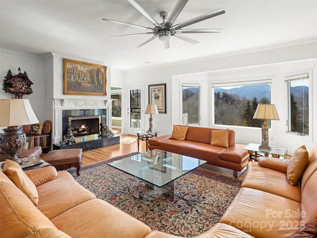 living room with crown molding, ceiling fan, a fireplace, and hardwood / wood-style floors