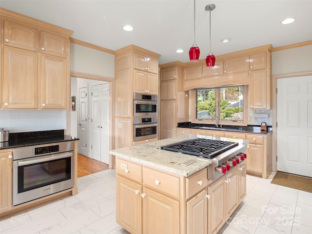 kitchen featuring stainless steel appliances, decorative light fixtures, light brown cabinetry, and backsplash