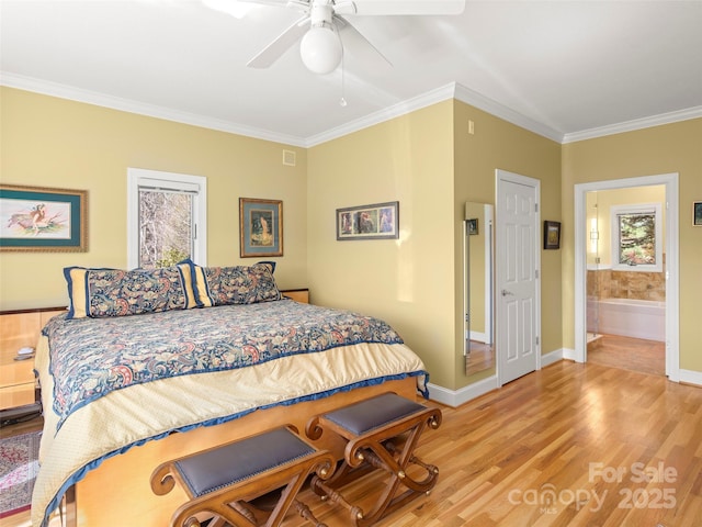 bedroom with ceiling fan, ensuite bath, ornamental molding, and light hardwood / wood-style flooring