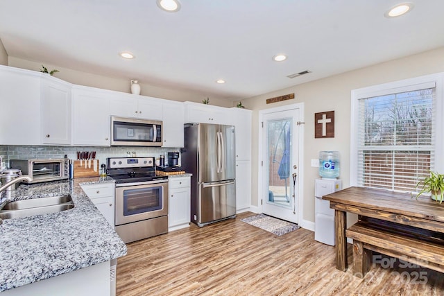 kitchen featuring white cabinetry, sink, backsplash, light stone counters, and stainless steel appliances