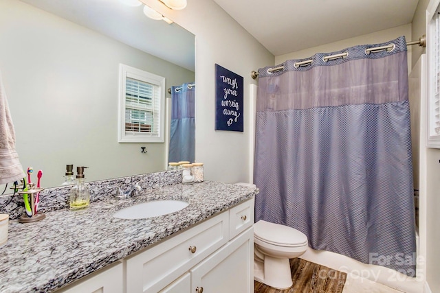 full bathroom featuring vanity, wood-type flooring, toilet, and shower / bathtub combination with curtain