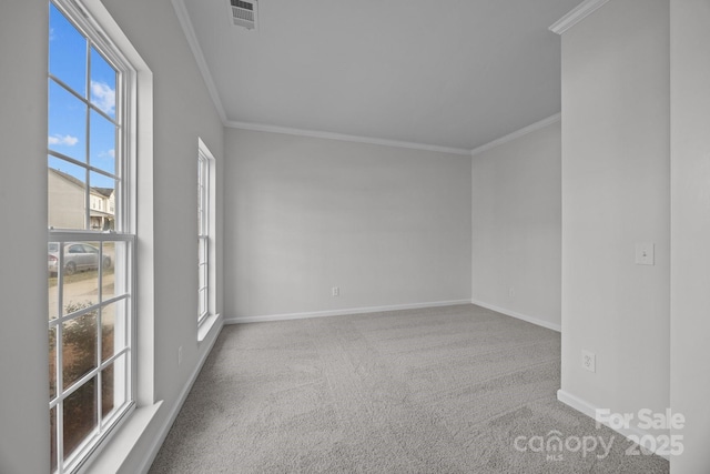 empty room with ornamental molding and light carpet