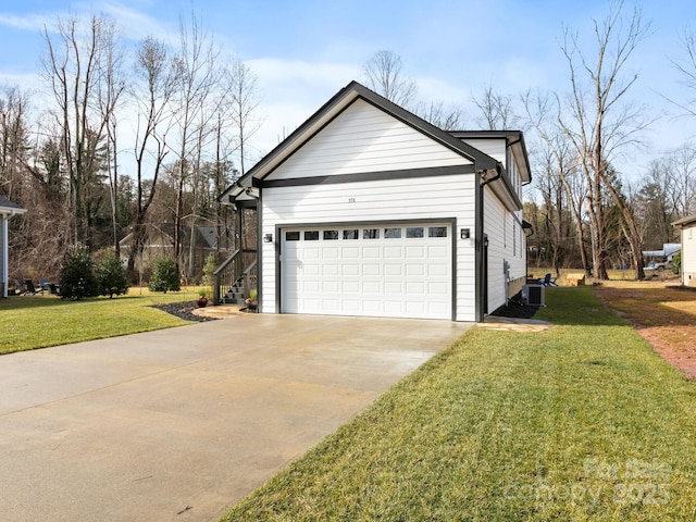 exterior space featuring central AC unit and a front lawn