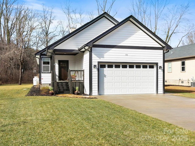 view of front of property with cooling unit, a garage, covered porch, and a front lawn