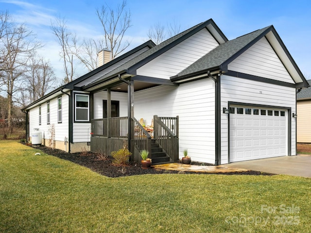 view of home's exterior with driveway, a porch, an attached garage, a chimney, and a lawn