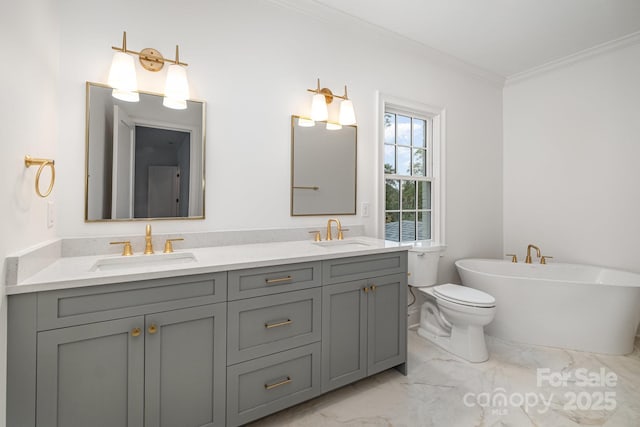 bathroom featuring vanity, a tub to relax in, and ornamental molding